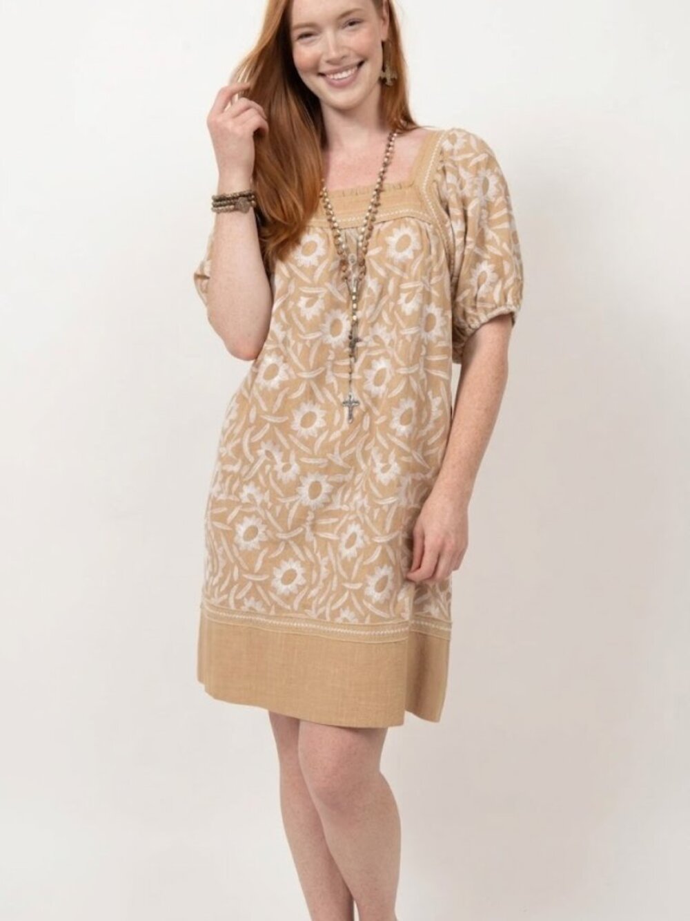 Sister Mary Solana tan & cream white embroidered cotton short sleeve dress XS